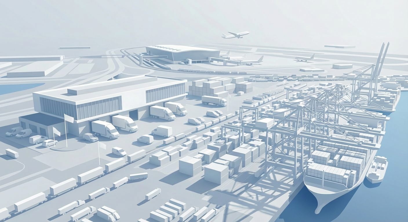 Isometric illustration of a connected logistics hub featuring a warehouse, cargo ship, and airplanes.